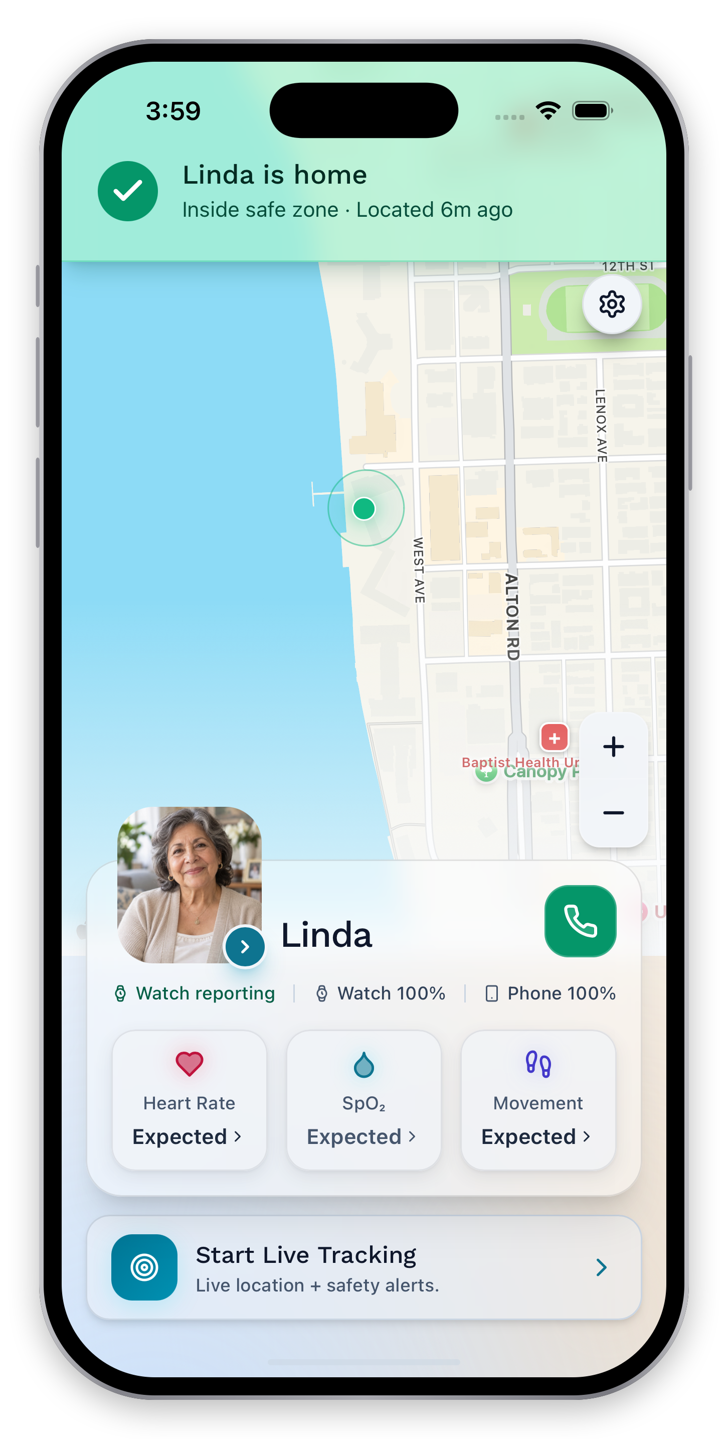 Caregiver dashboard with location freshness, connected devices, wellness readings, and Start Live Tracking.