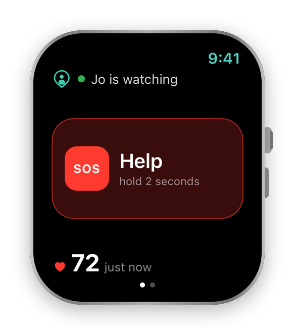 NearHalo Apple Watch home showing Jo is watching, a hold-for-two-seconds Help control, and a recent heart-rate reading.