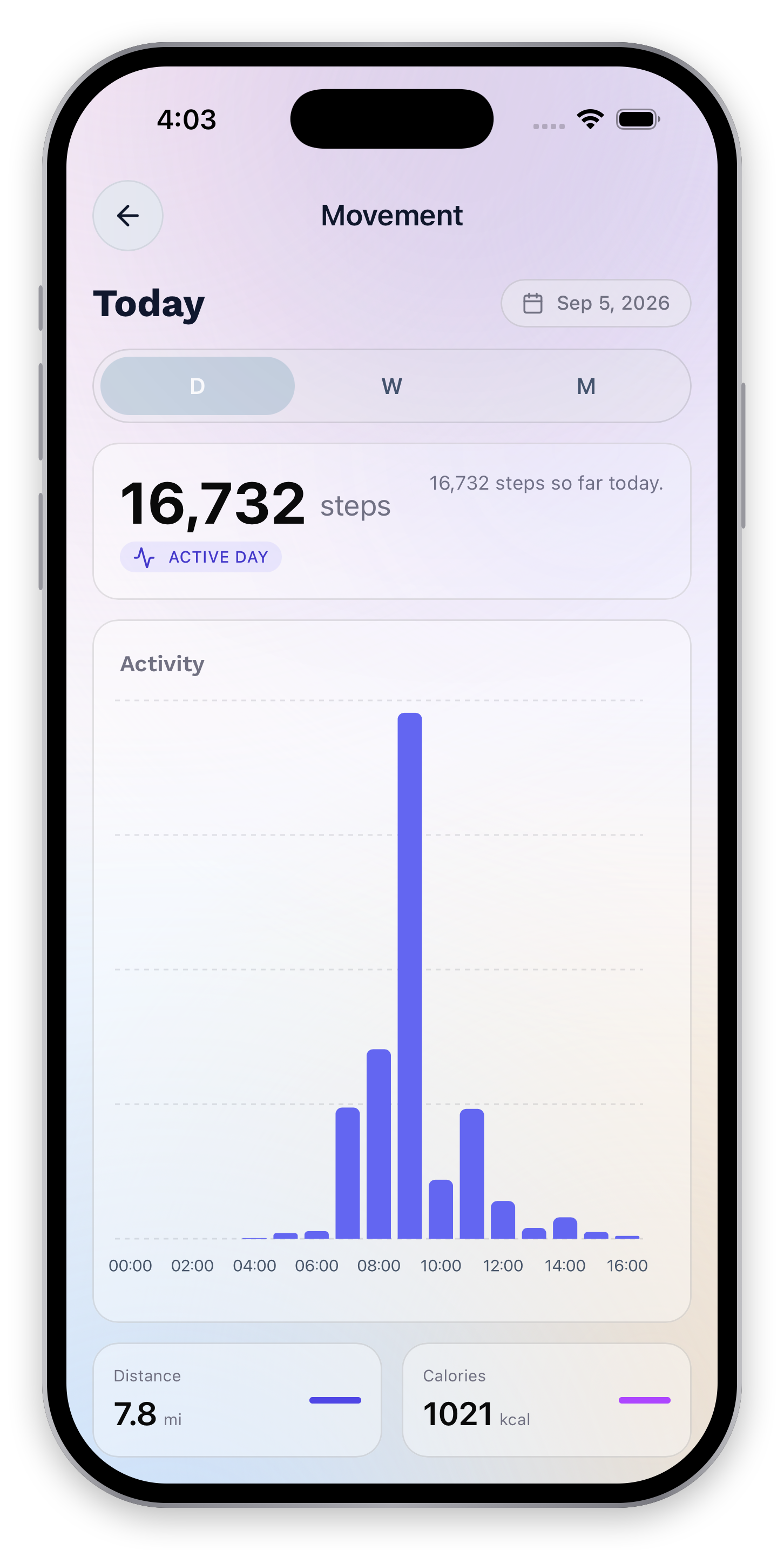 Movement detail showing steps, activity history, distance, and calories.