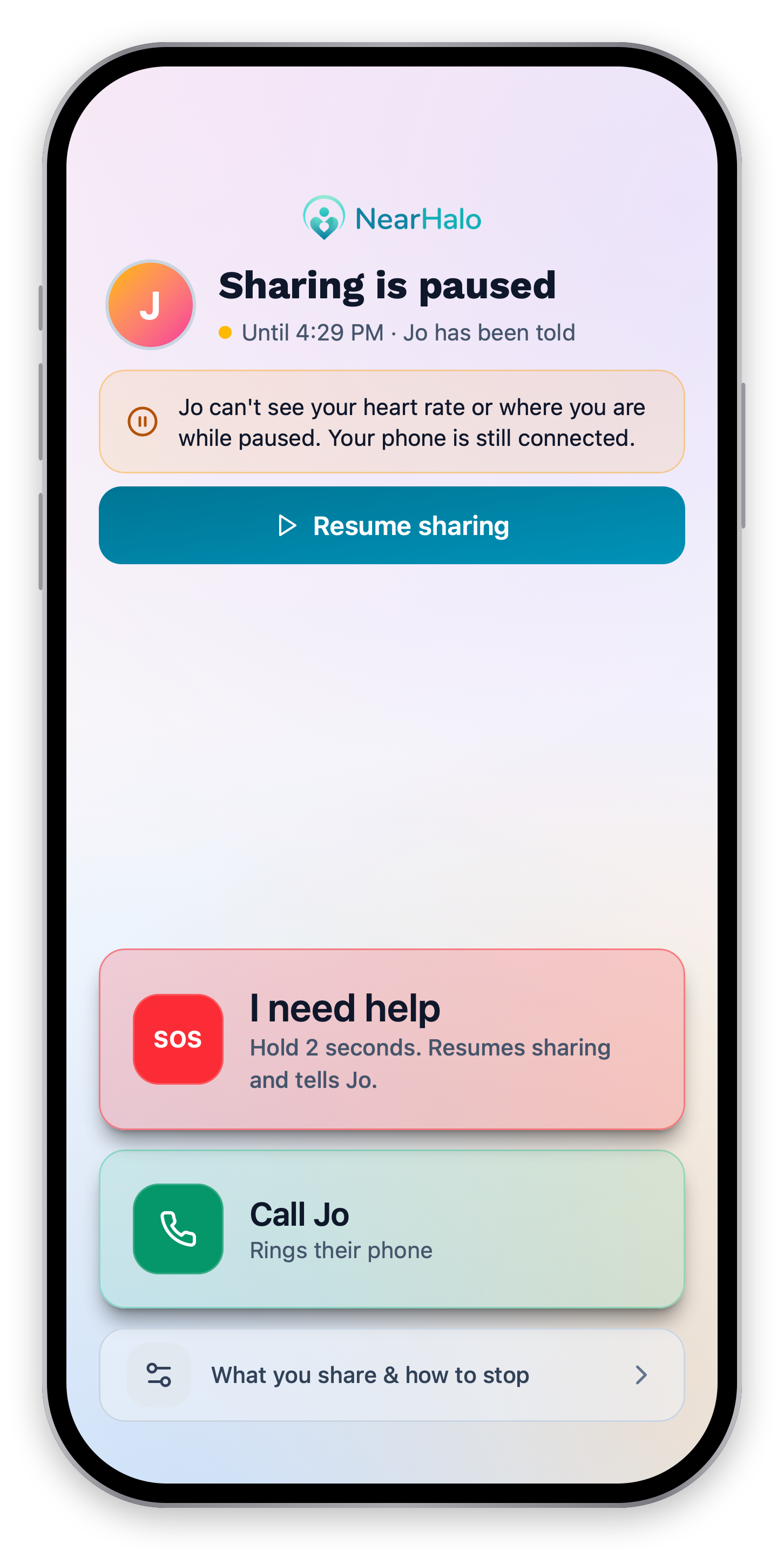 NearHalo phone showing sharing paused until 4:29 PM, an explanation that heart rate and location are hidden while paused, and Resume sharing.