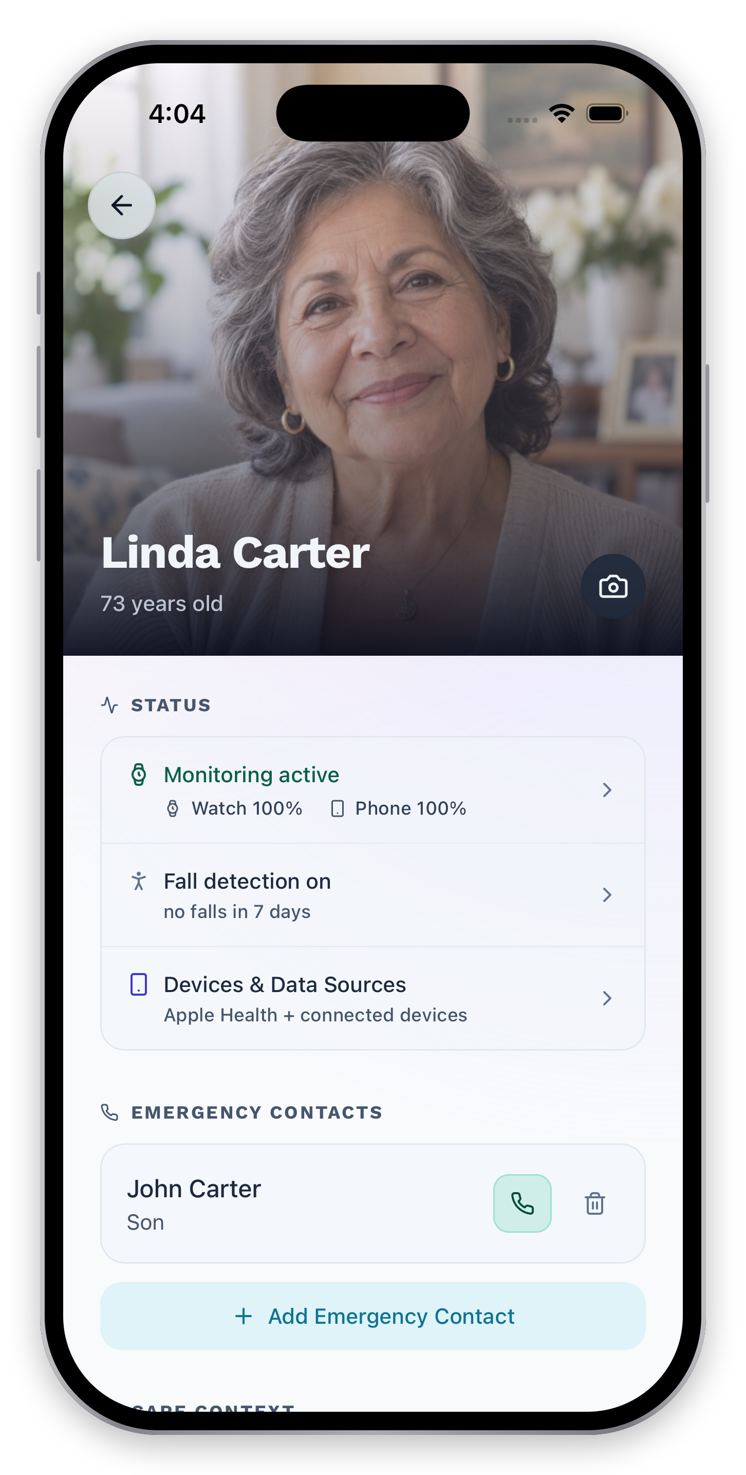 Care-recipient profile with connection status, fall information, and emergency contacts.