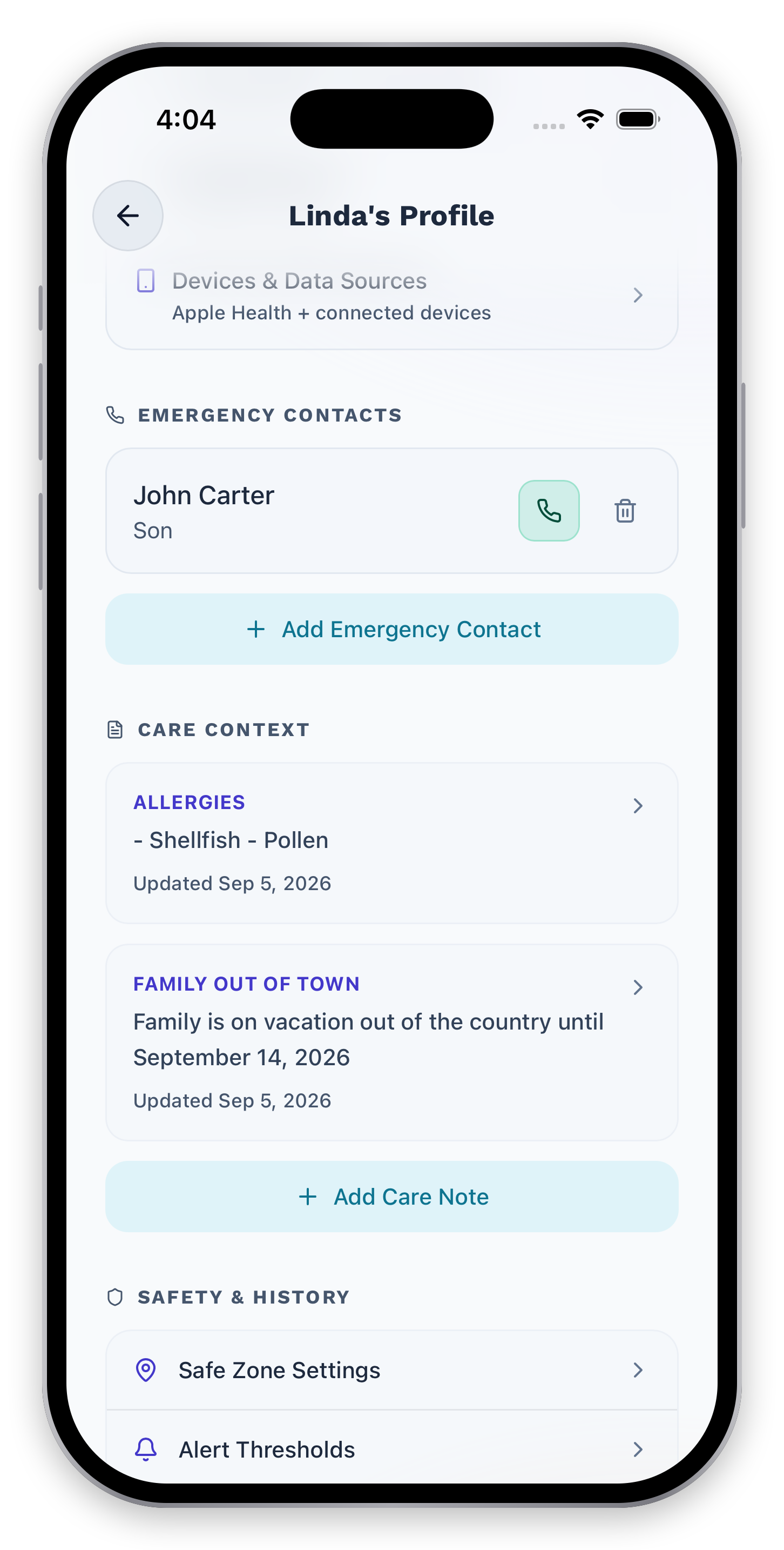 Care-recipient profile showing notes that give the care team personal context.