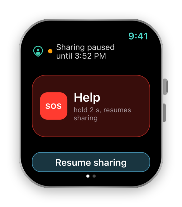 NearHalo Apple Watch showing sharing paused until 3:52 PM, a Help control that resumes sharing, and a Resume sharing button.