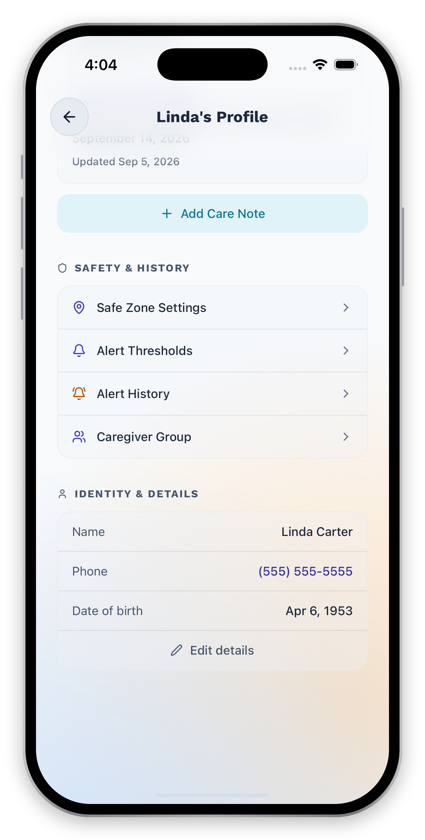Care-recipient profile with safety settings and alert-history controls.