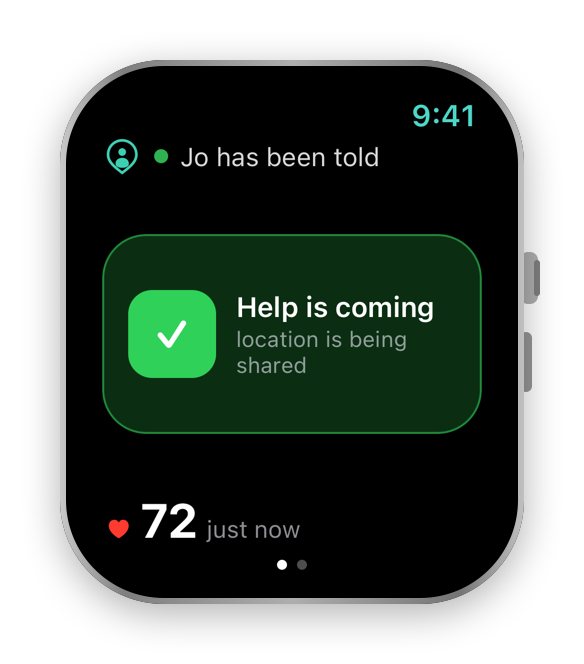 NearHalo Apple Watch help-request confirmation showing Jo has been told and location is being shared.