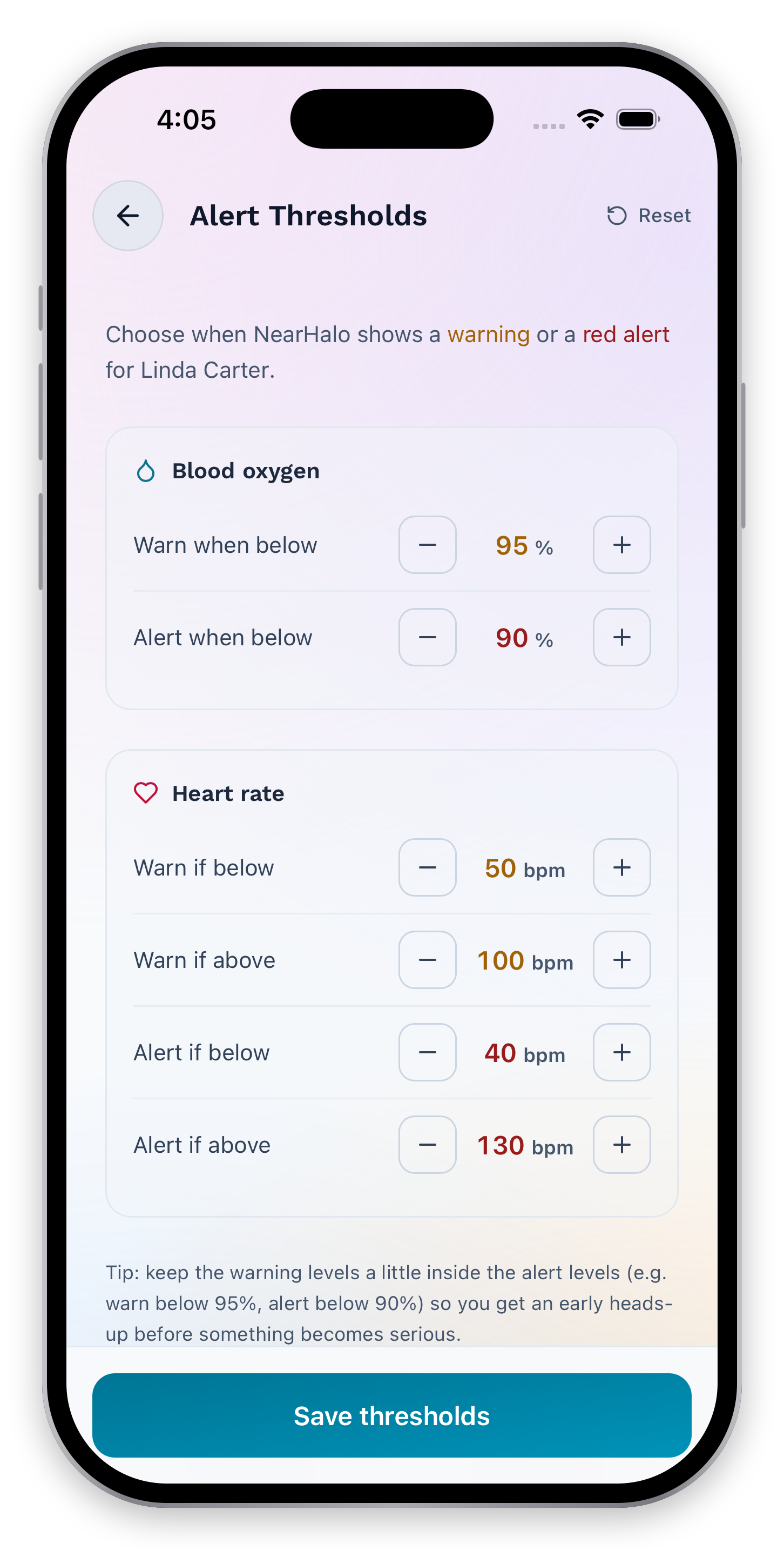 Alert threshold settings for heart-rate and blood-oxygen warnings and red alerts.