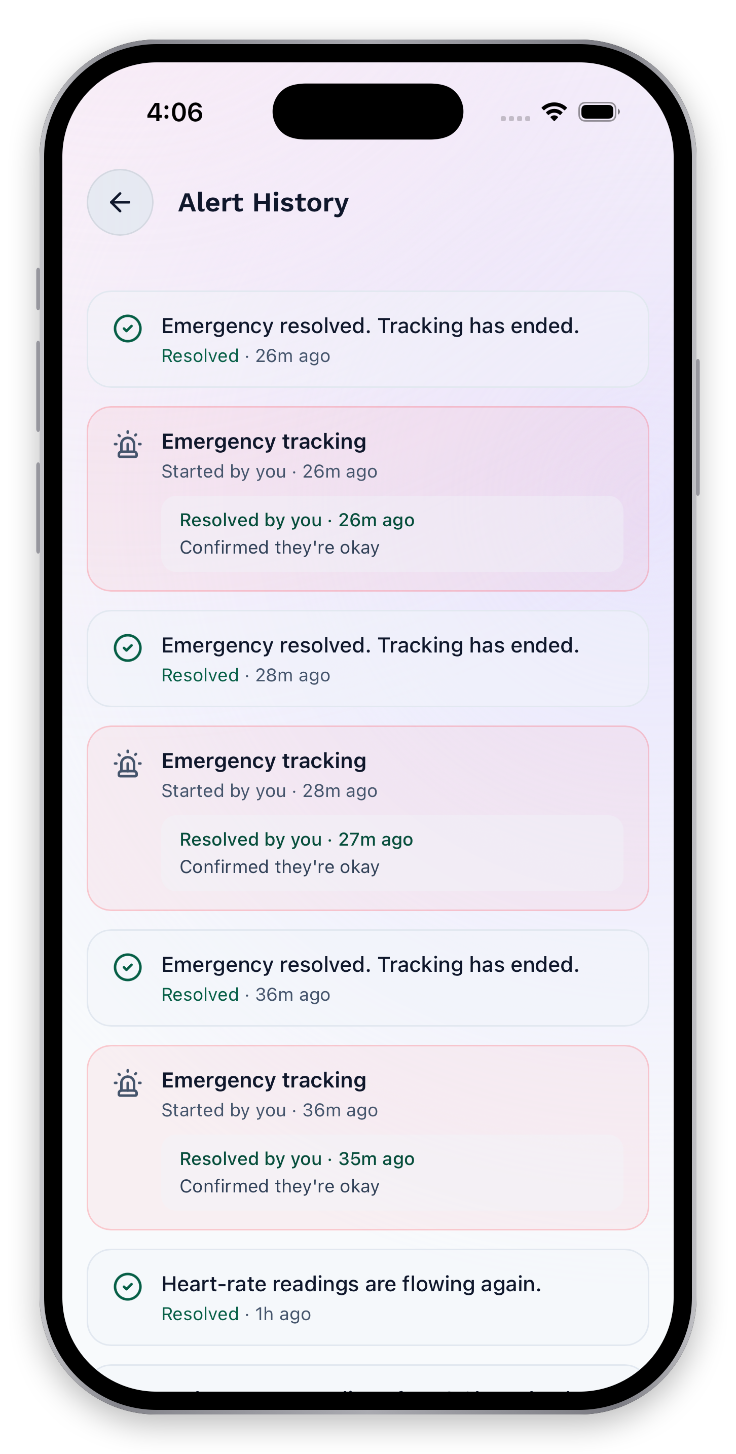 Alert history for reviewing previous events and their timing.