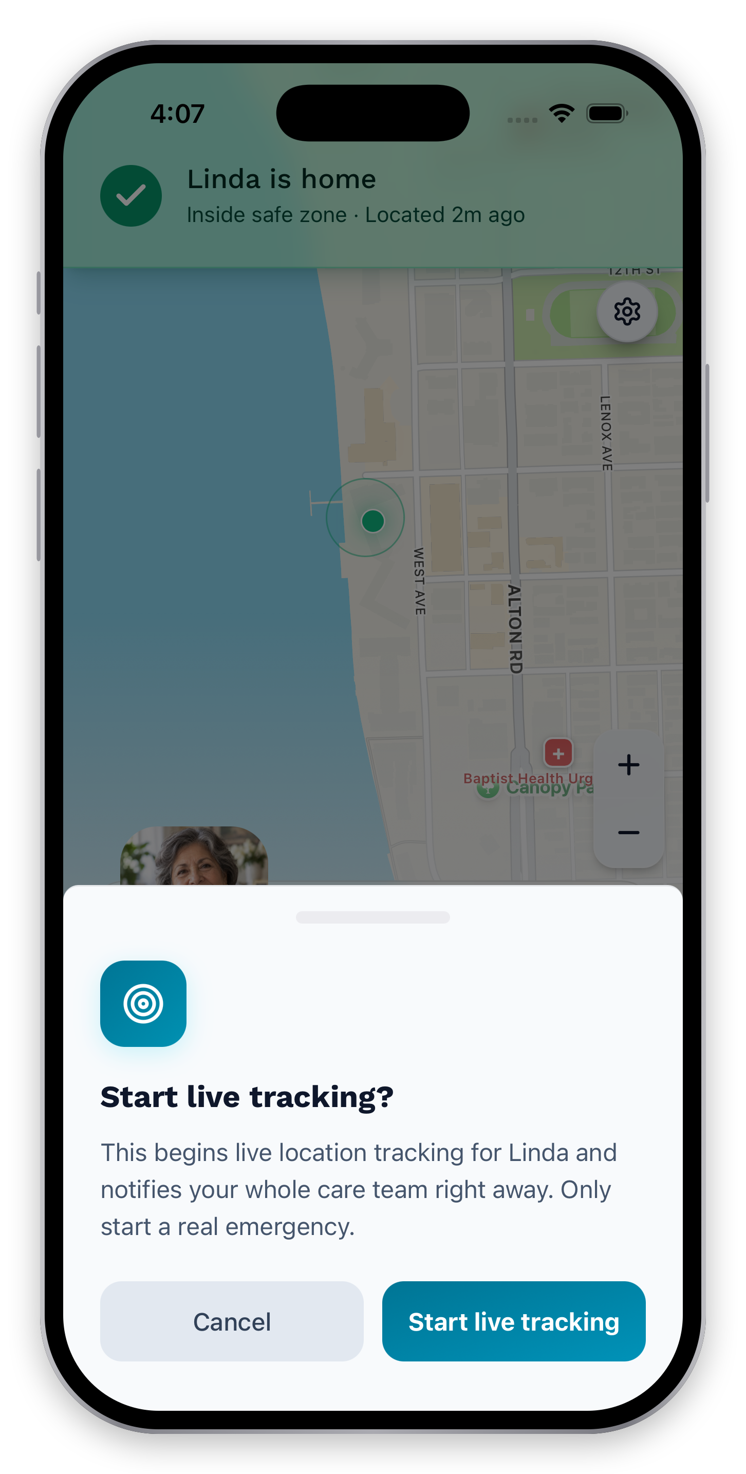 Live-tracking confirmation explaining the action before a tracking session starts.