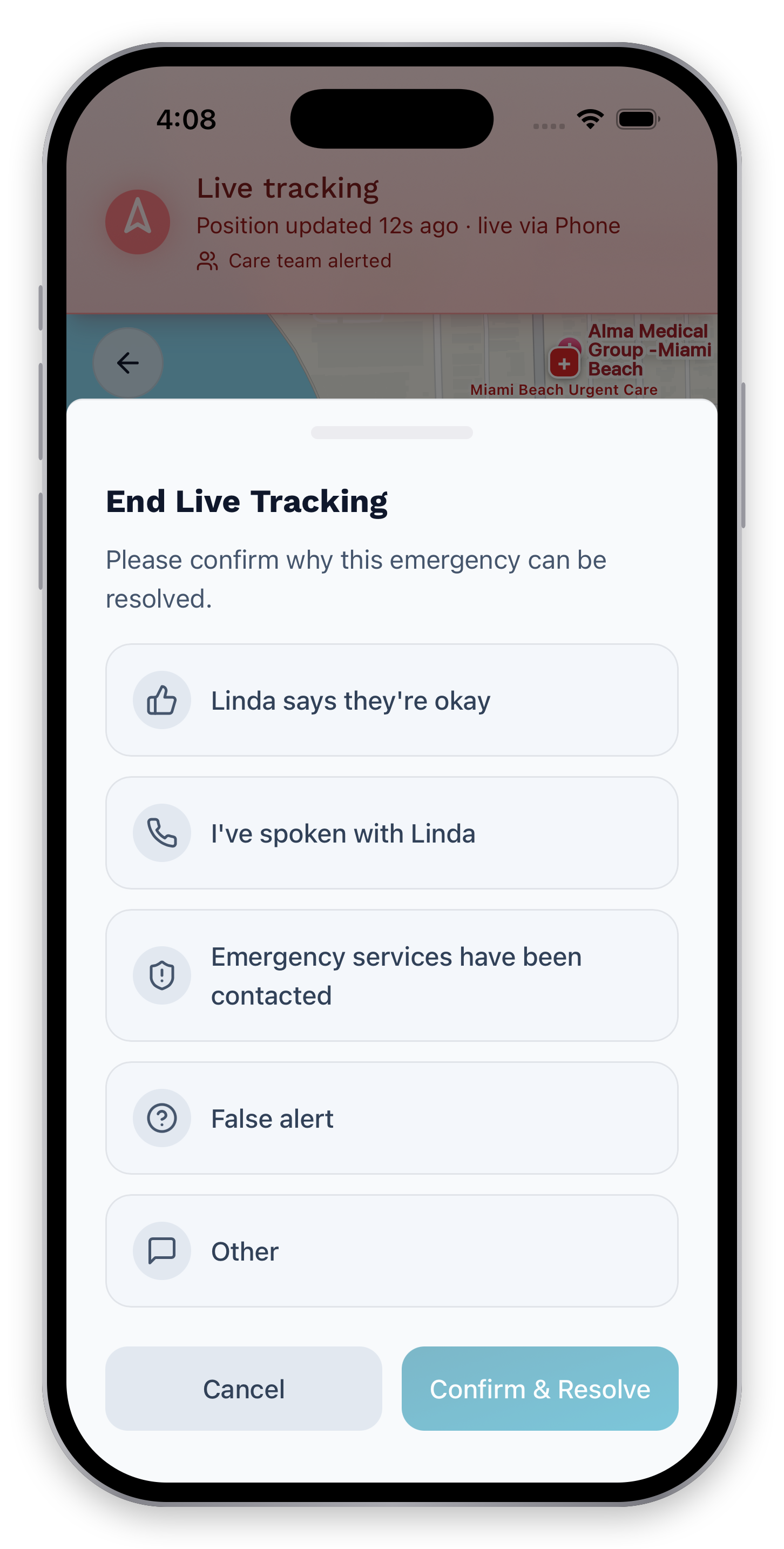 End-tracking screen for resolving and closing a live-tracking session.