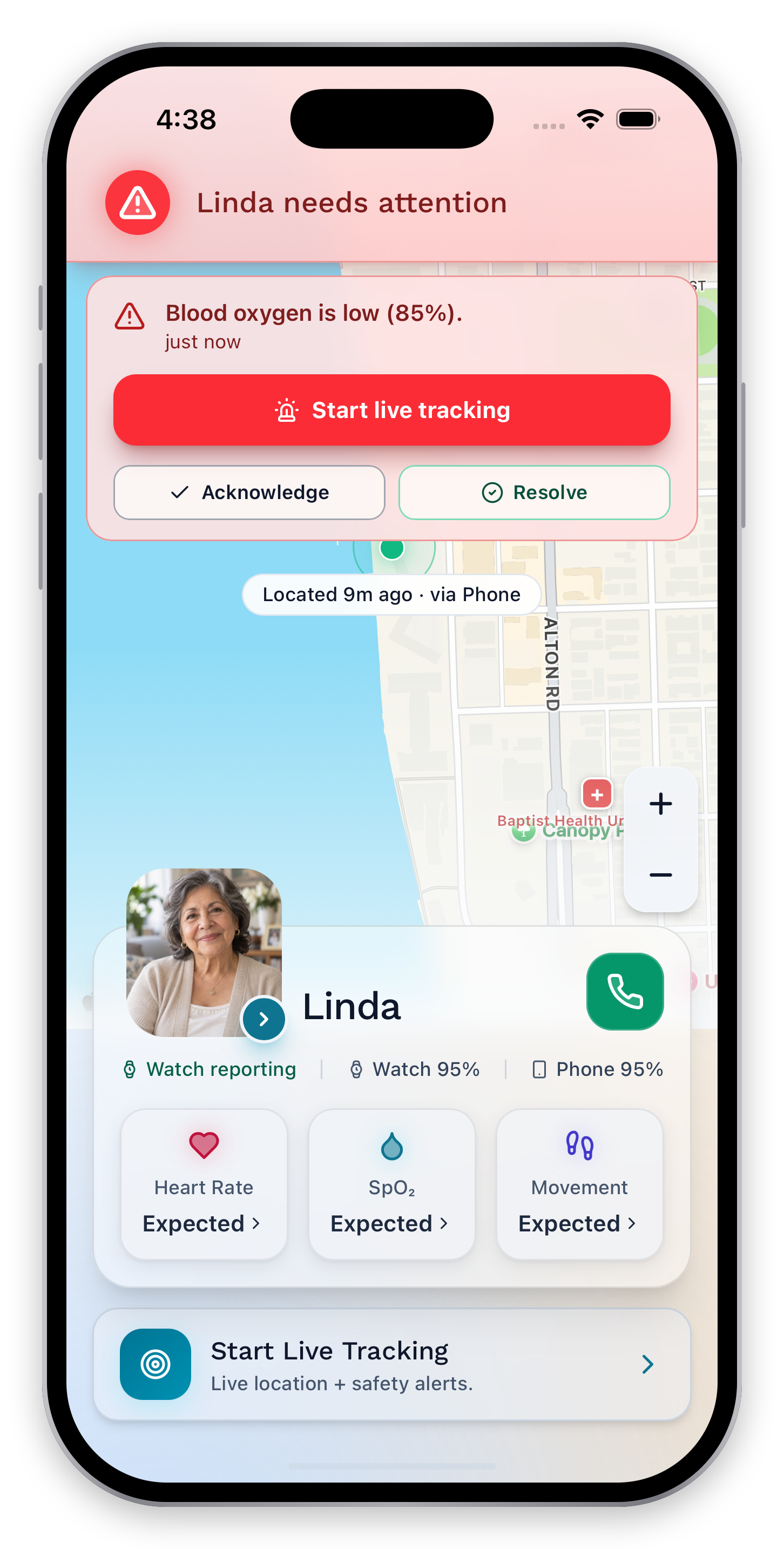 Caregiver dashboard with a red blood-oxygen alert and location context.