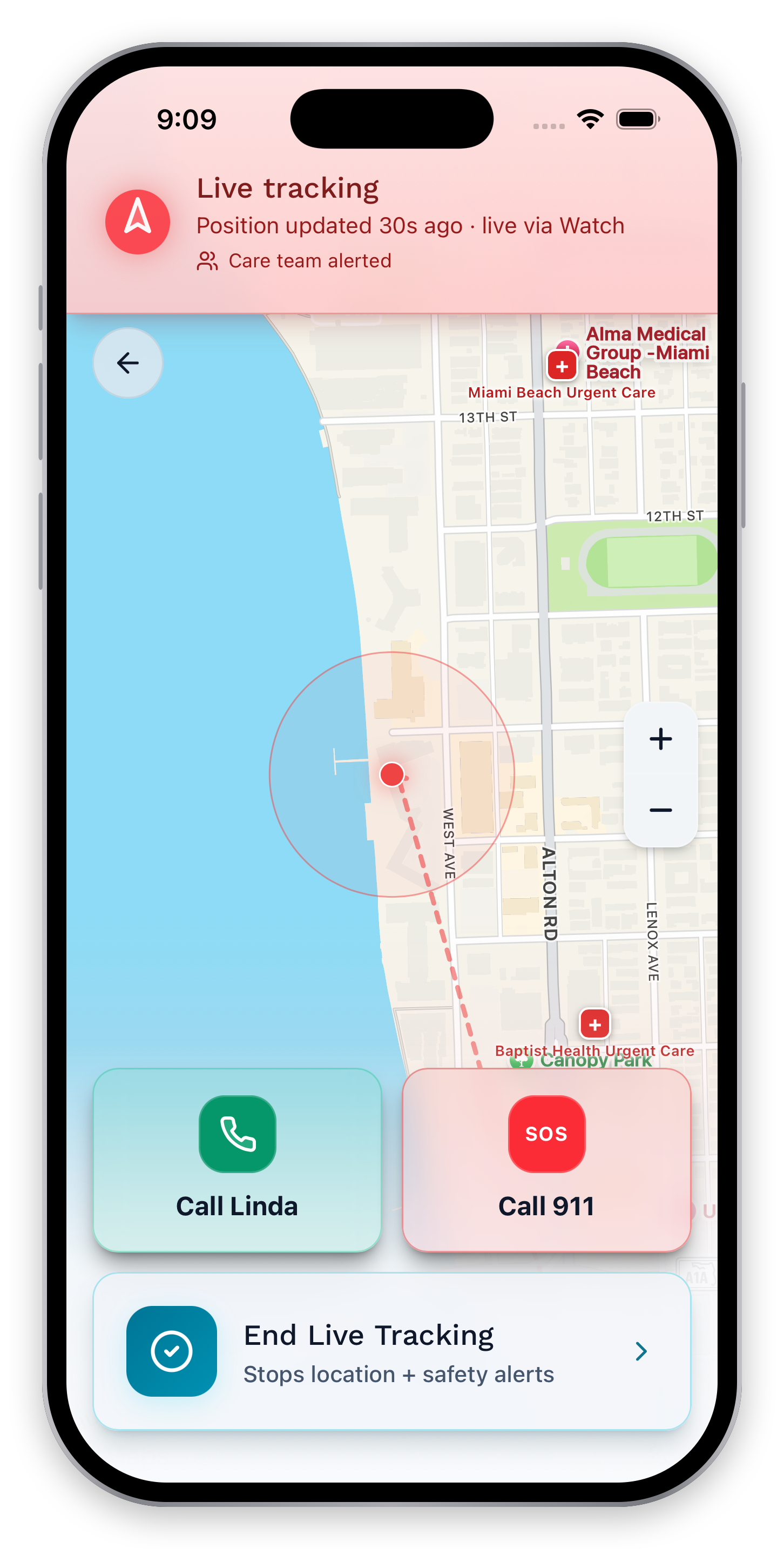 Active live-tracking map with location updates and care-response controls.