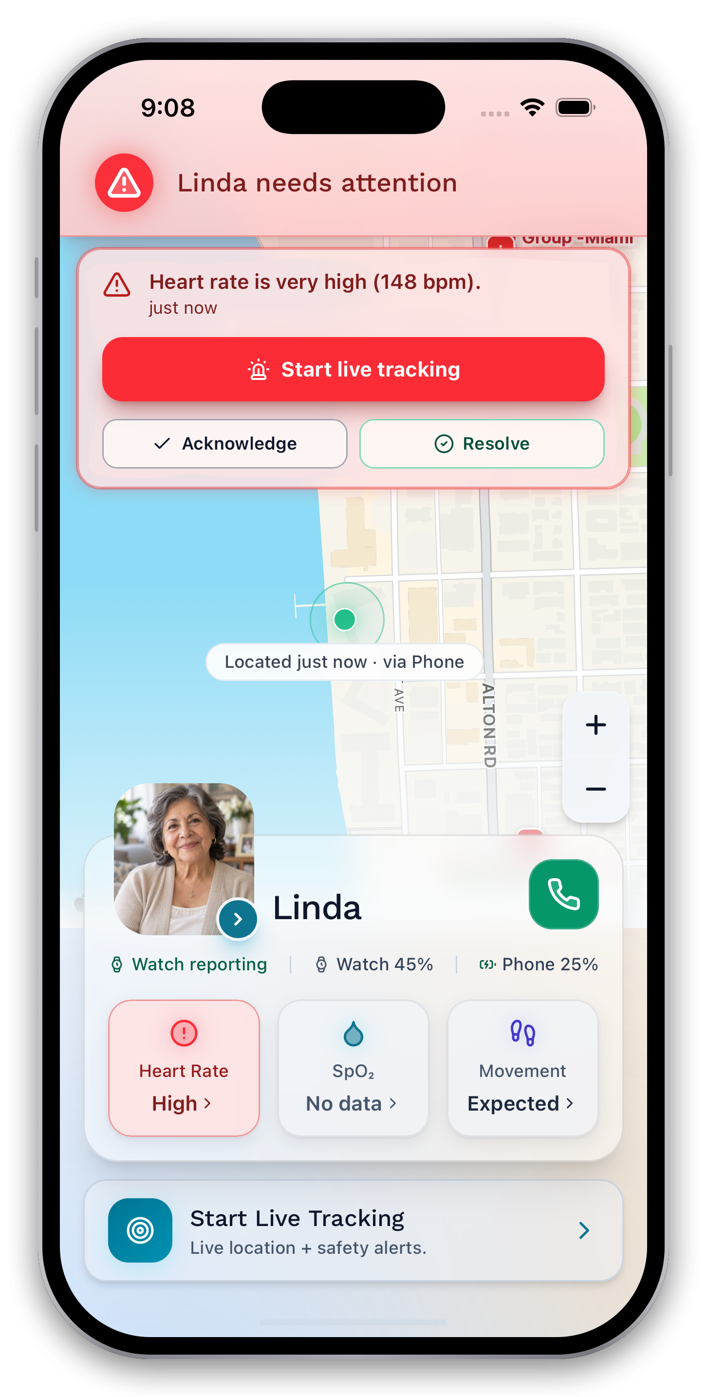 Caregiver dashboard with a red heart-rate alert and related status information.