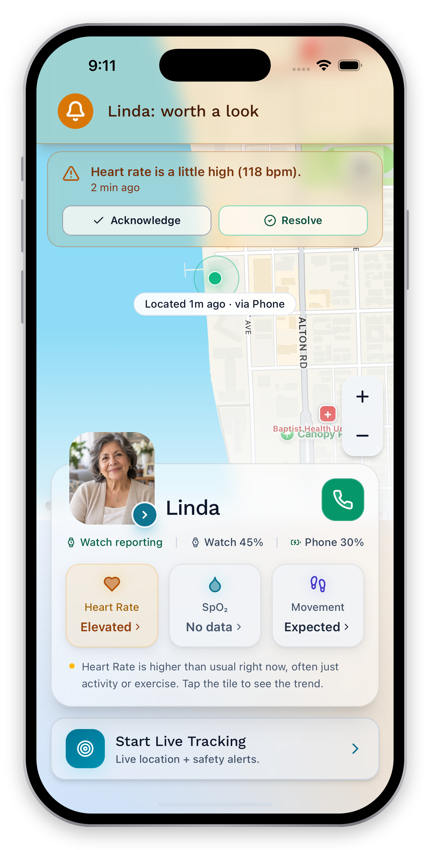 Caregiver dashboard showing a warning that calls for a closer look at a wellness change.